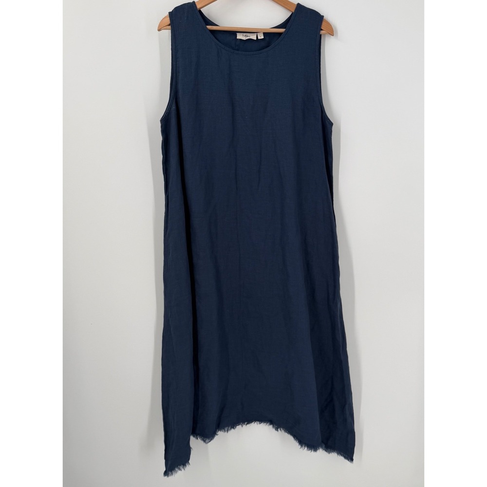 Holiday Womens 100% Linen Midi Dress Sz Large Navy Blue Raw Hem Lagenlook Euro